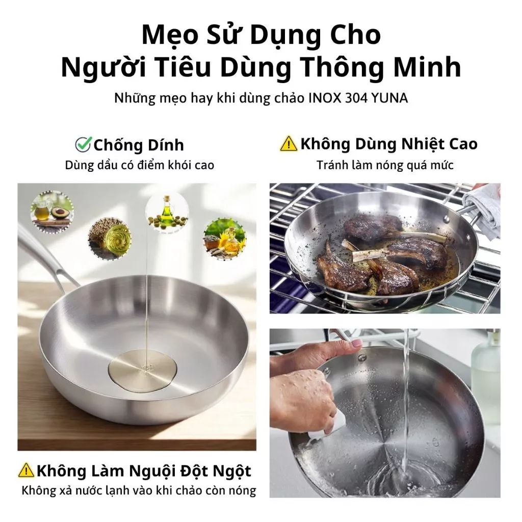 Chảo Inox 304 Nguyên Khối 3 Lớp YUNA Cao Cấp – Chống Dính Tự Nhiên, Dùng Mọi Loại Bếp, Truyền Nhiệt Nhanh, Bền Đẹp_thumbnail_4
