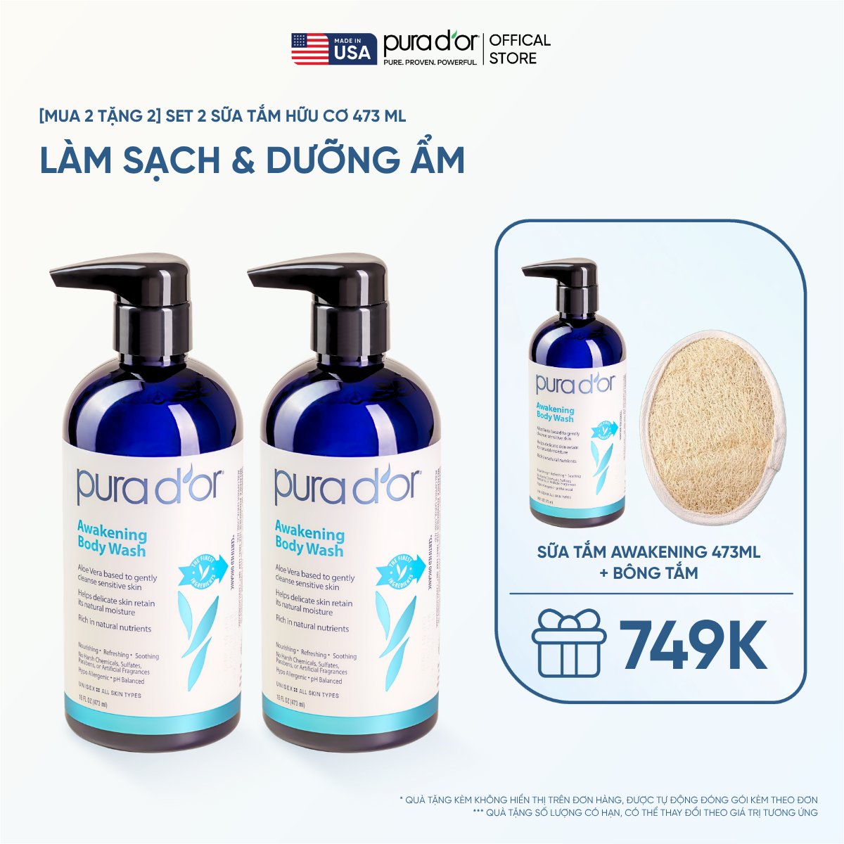 [Mua 2 tặng 1] Set 2 Sữa Tắm Pura D'or Awakening Body Wash Giúp Làm Sạch & Dưỡng Ẩm 473ml