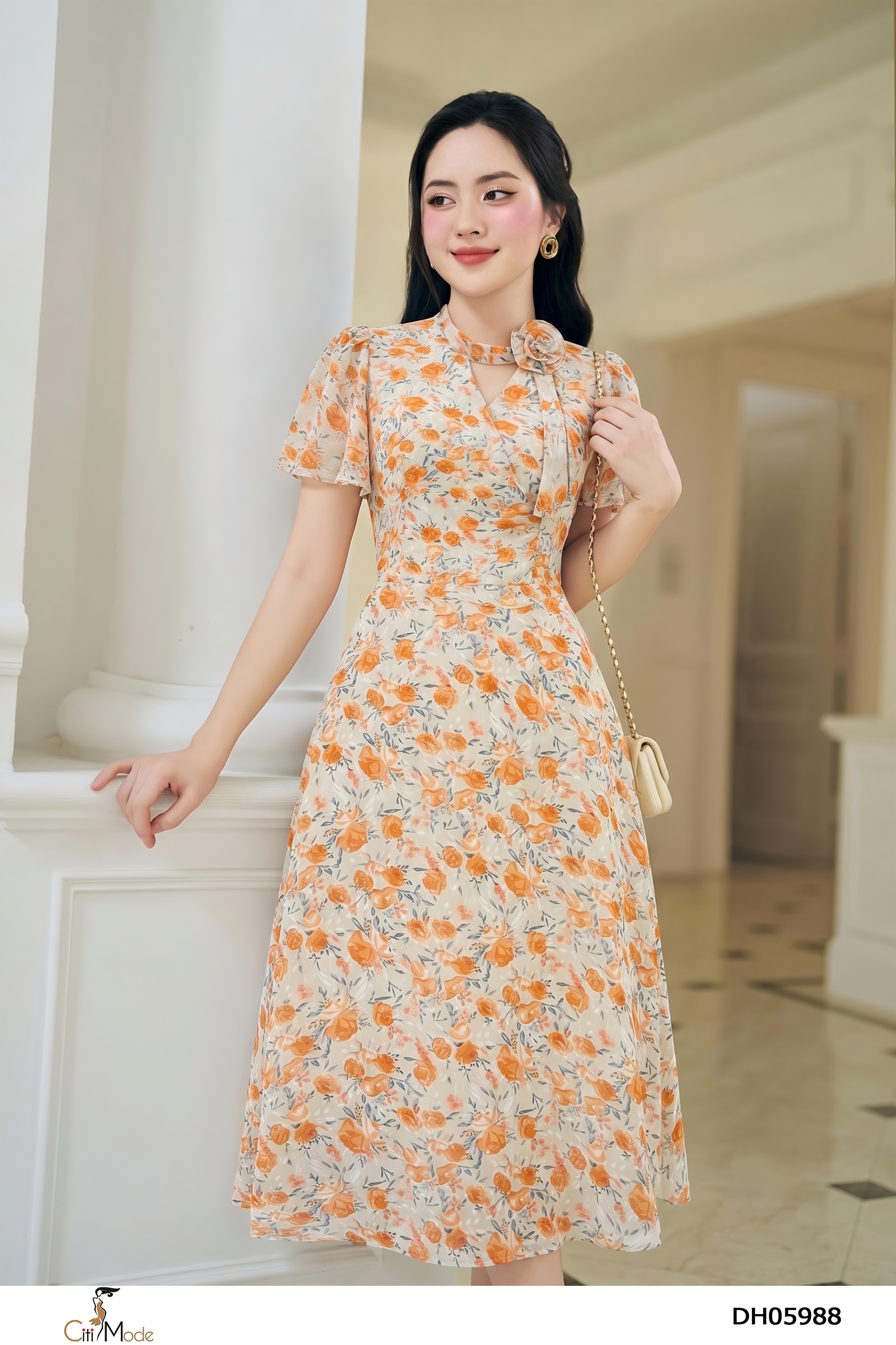 Đầm hoa cam cổ nơ cách điệu tay ngắn_thumbnail_3