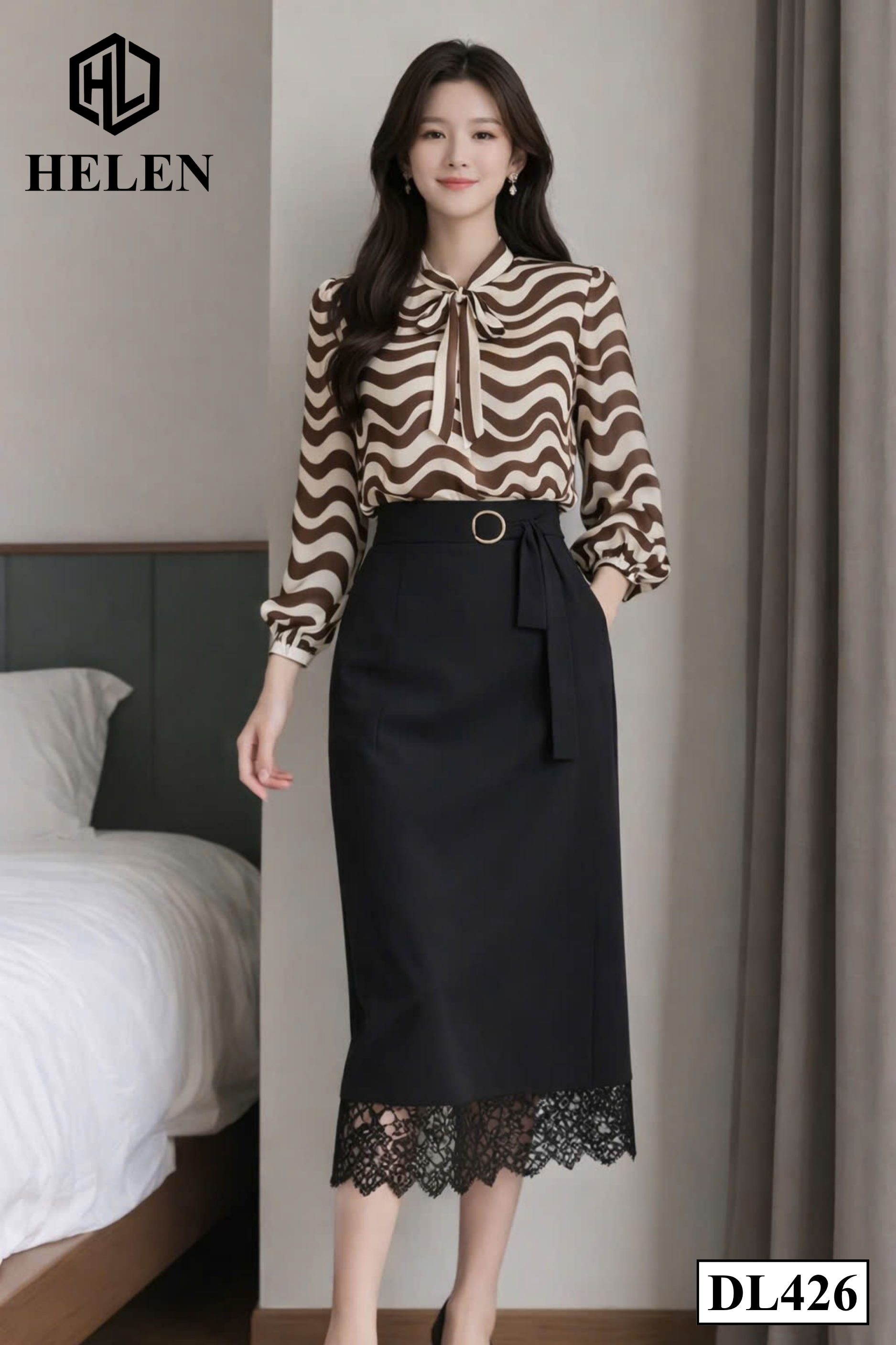 Đầm liền giả set kẻ nâu phối chân đen DL426