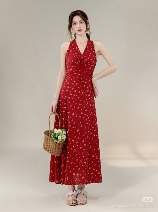 Lucas - Váy yếm maxi may chéo ngực buộc nơ chân xòe
