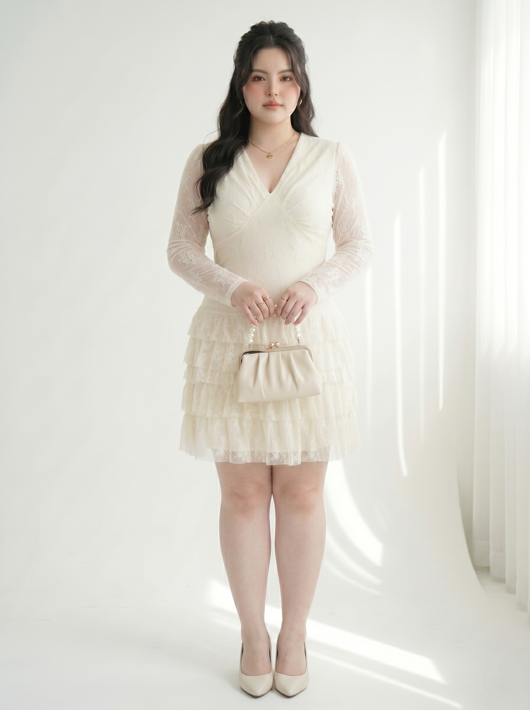Đầm Ren Hoa Nhún Kiểu Tầng Bigsize Dáng A Tôn Eo - Kem/Đen - Vừa 55-95kg - DA172_thumbnail_10