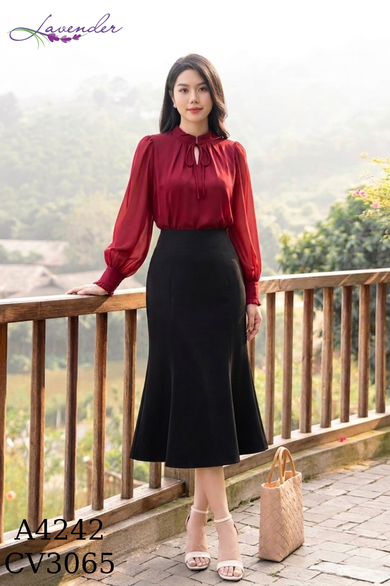 Áo sơ mi đỏ đô phối tay A4242