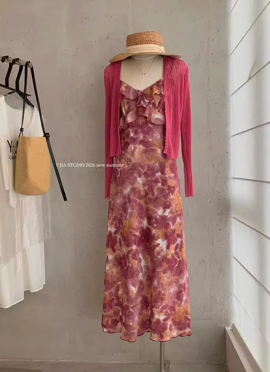 Lucas - Set váy 2 dây lụa hoa viền bèo nhún ngực chân xòe dáng dài pha bèo + áo cardigan_thumbnail_3