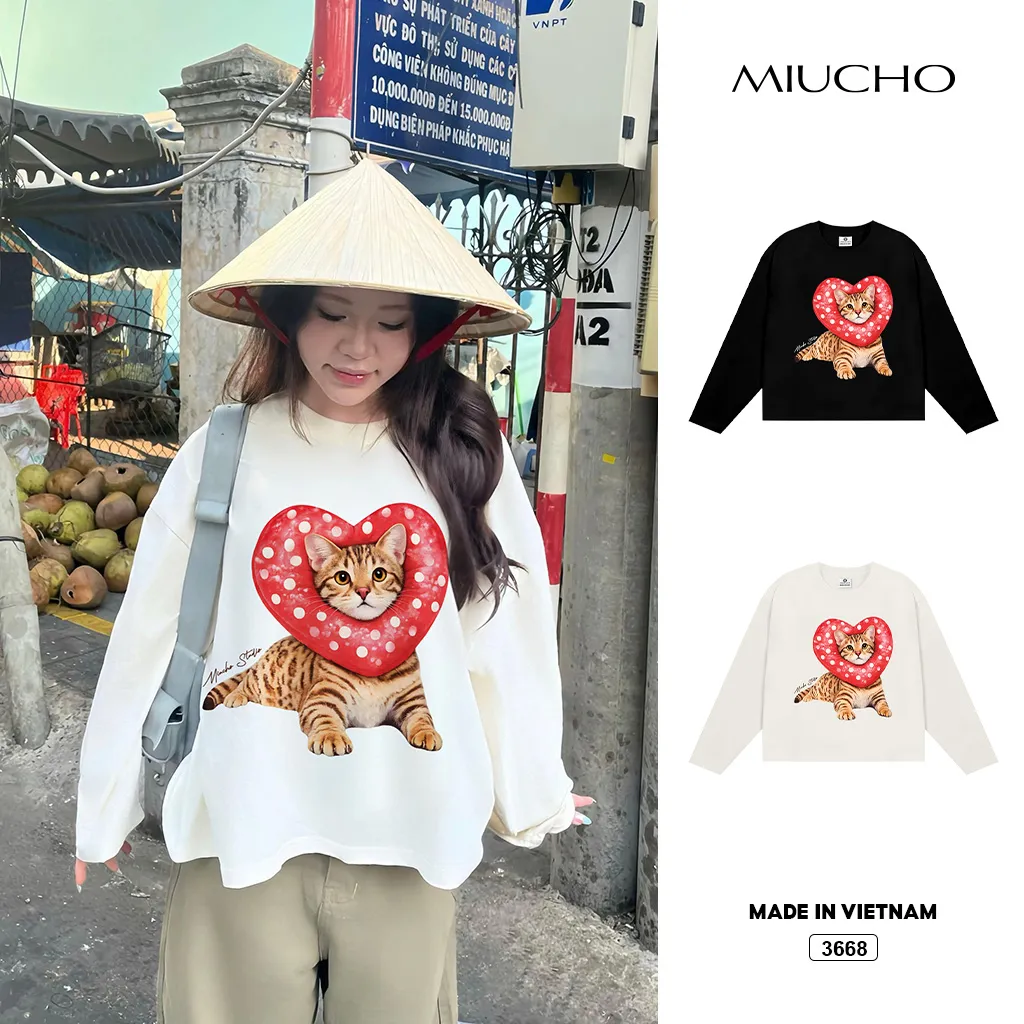 Áo thun boxy nữ form rộng mèo con đáng yêu Miucho 3668