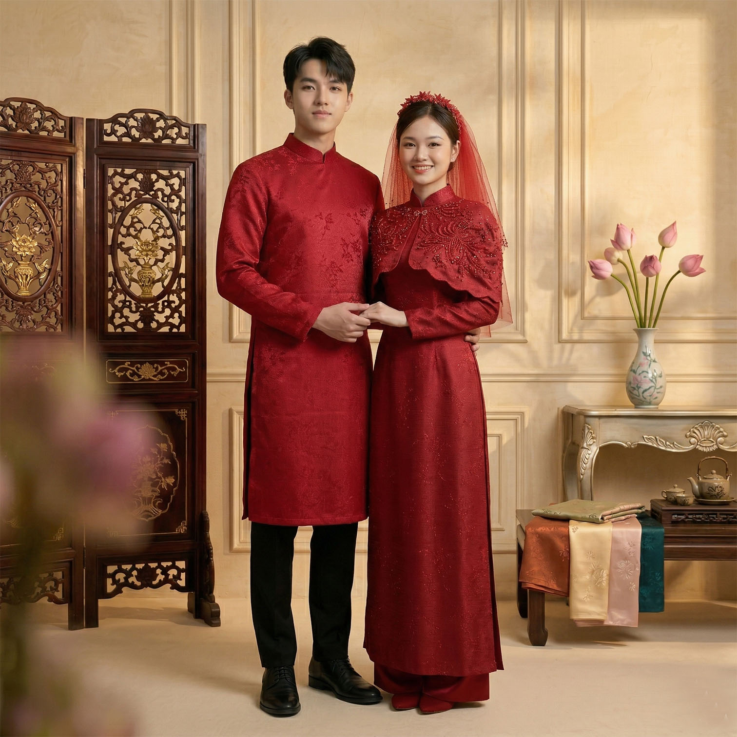 Áo Dài Cặp Cô Dâu Chú Rể Cưới Hỏi - Màu Đỏ Sang Trọng CH26-01_thumbnail_5