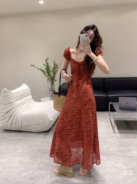 Lucas - Váy hoa cộc tay cổ vuông buộc nơ tay bồng dáng dài UME_thumbnail_2