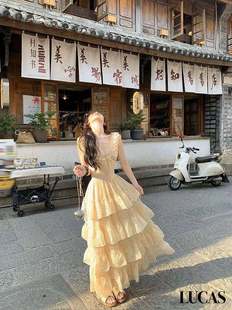 Váy maxi zile phối ngực ren cổ tim nơ ngực, ôm eo, chân váy xòe 4 ầng_thumbnail_2