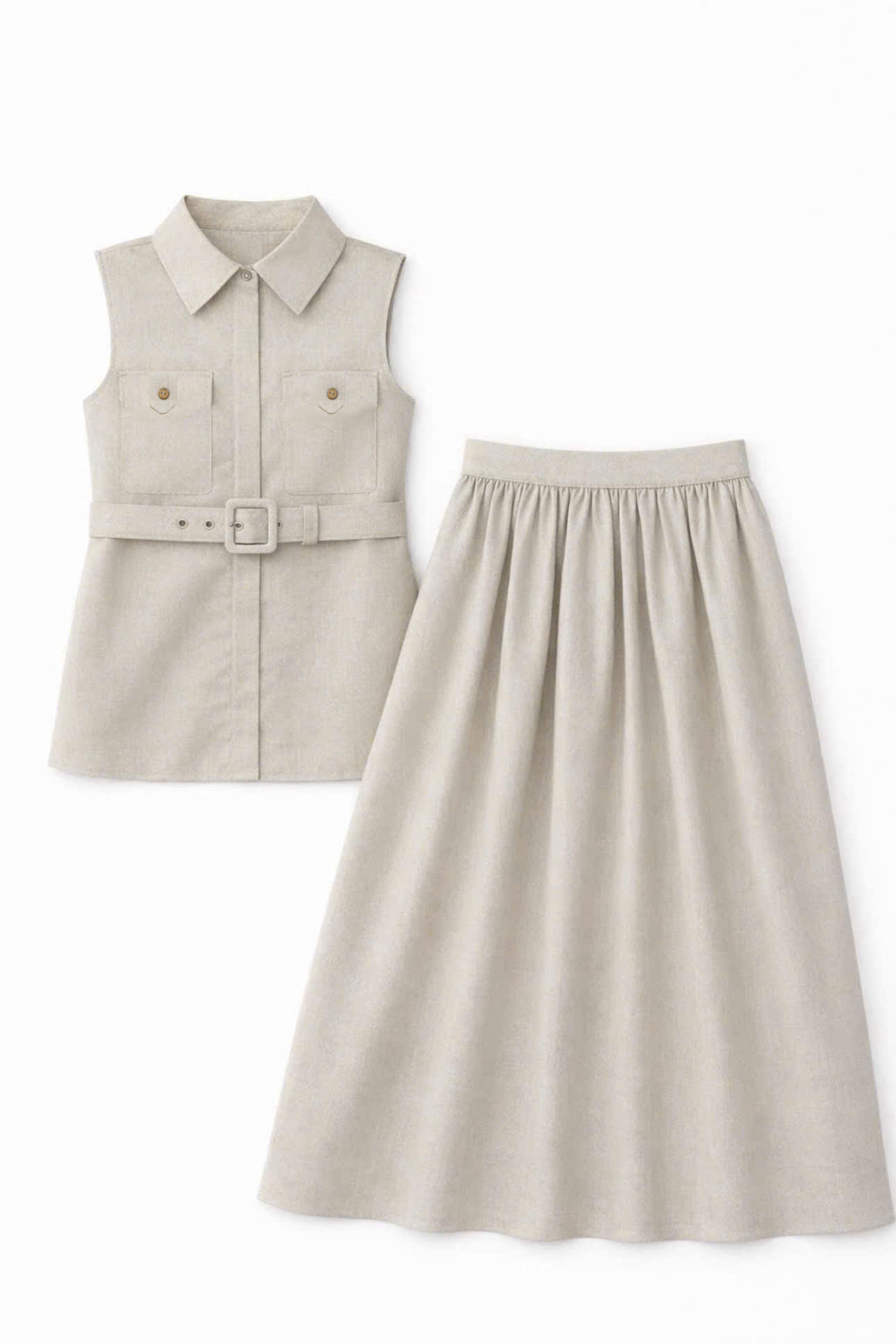 E346 SET LINEN BE ÁO POLO BA LỖ + CHÂN VÁY MIDI ZR