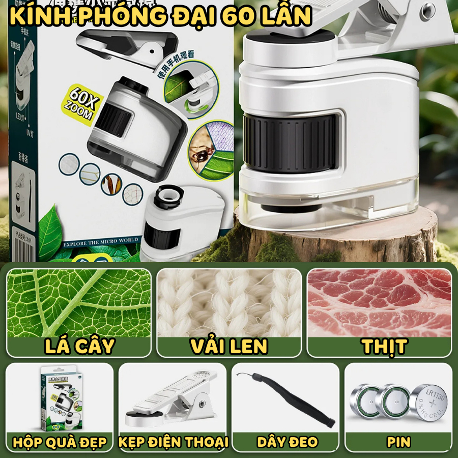 Kính Hiển Vi Cầm Tay Cho Bé, 60–120 Phóng Đại, Có Đèn Trắng Tím Tặng Kẹp Điện Thoại Khám, Phá Thế Giới 349KH