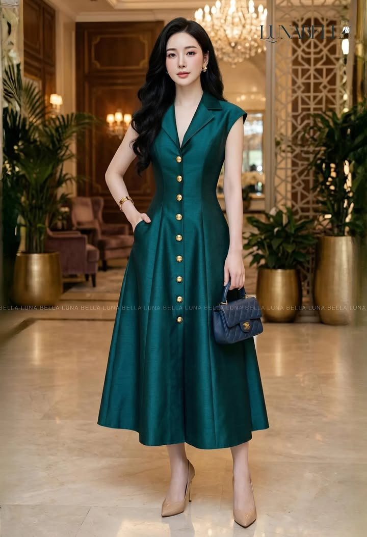 Váy tafta lụa tay hến cúc giữa ZIREEN màu XANH