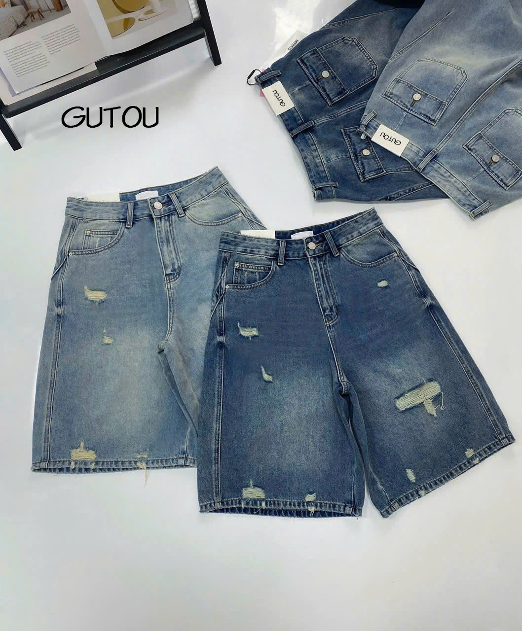 [ GUTOU ] Quần Jean Lửng Wash Rách Flap Pocket_thumbnail_6