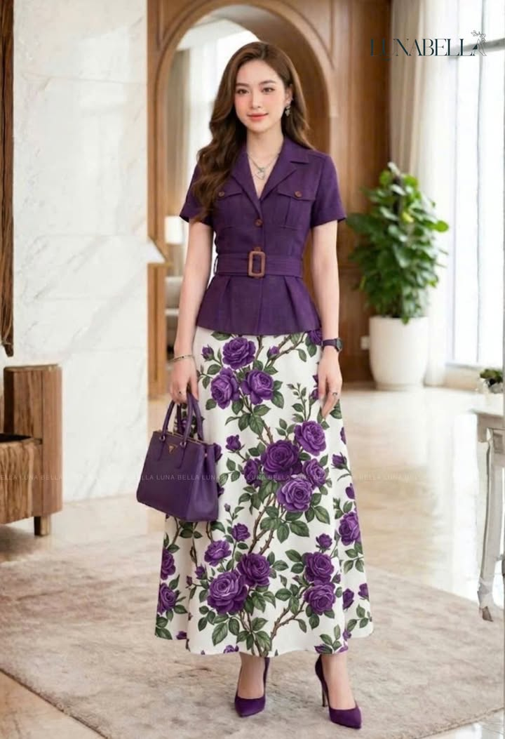 Set vest chân váy hoa ZALORA màu TÍM