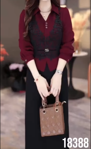 18388-Đầm suông liền phối đỏ đen dài tay viền ren ( lụa,lót)