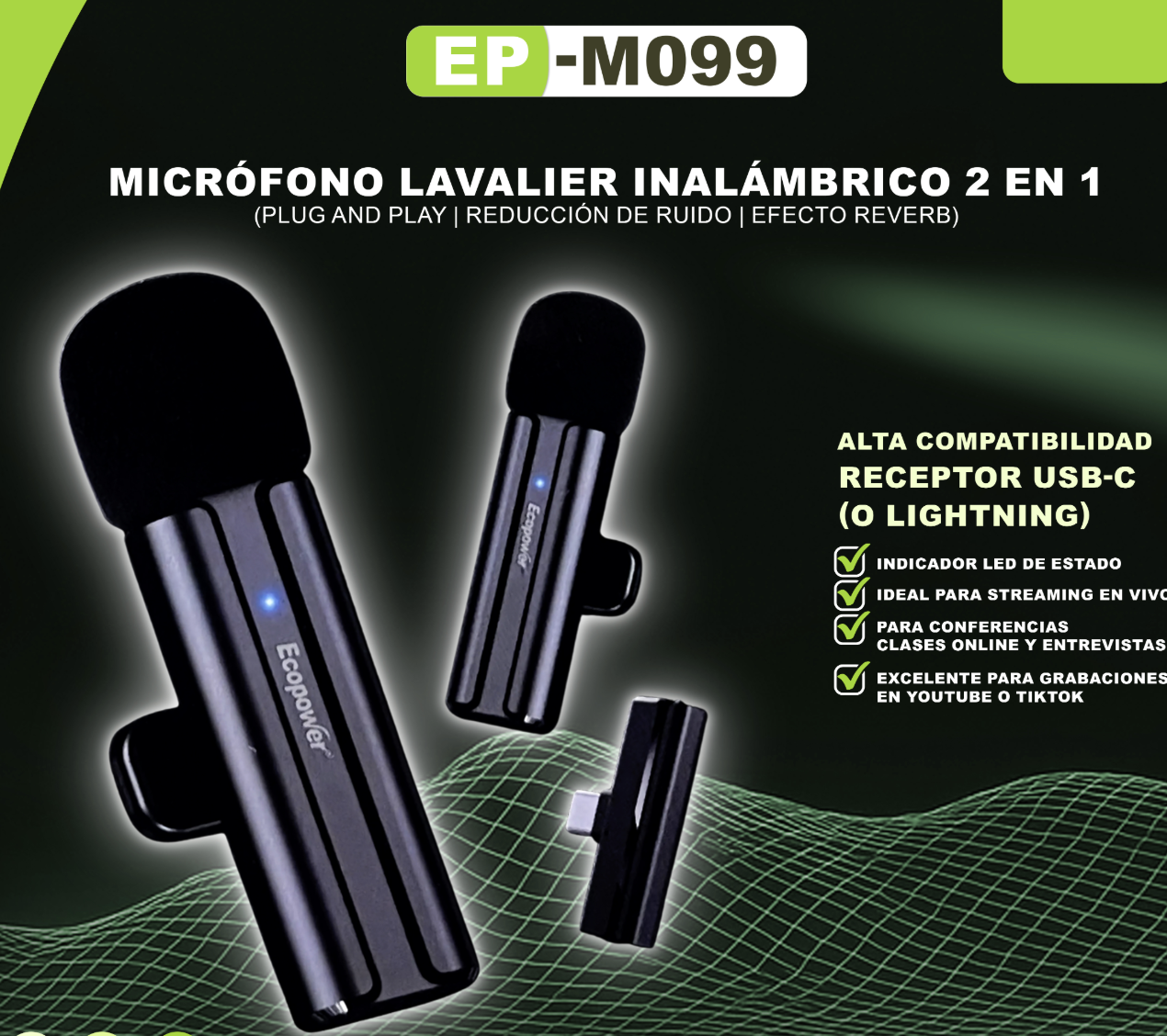 MICROFONO LAVALIER 2 EN 1 ECOPOWER ENTRADA TIPO-C