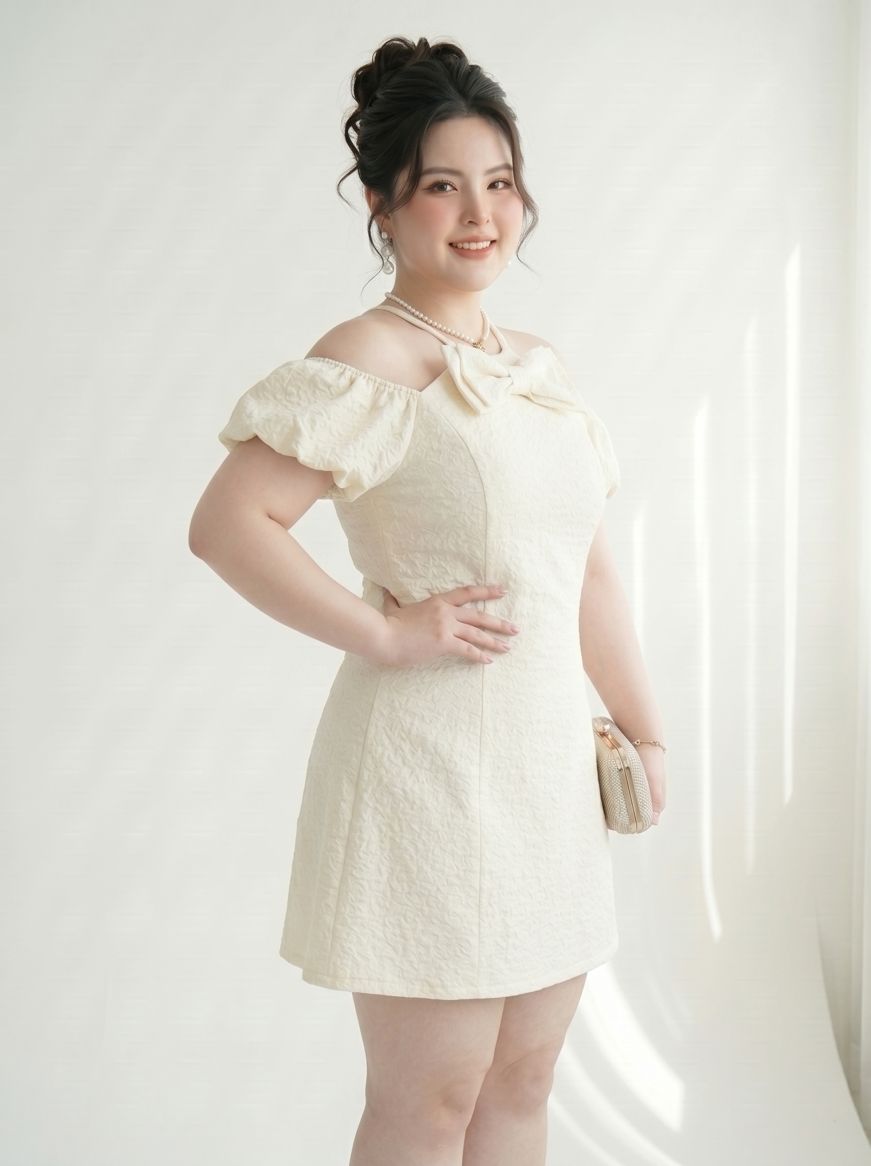 Big Size A-Line Dress with Bow and Off Shoulder Camisole, Light Waist, Soft Silk Lining, Back Zipper - Fits 55-90kg - V-DA228
