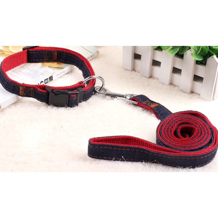 Bộ dây dắt vòng cổ hoặc yếm Jean CHO CHÓ MÈO LẤY MÀU NGẪU NHIÊN - dắt+ vòng cổ 1.5CM