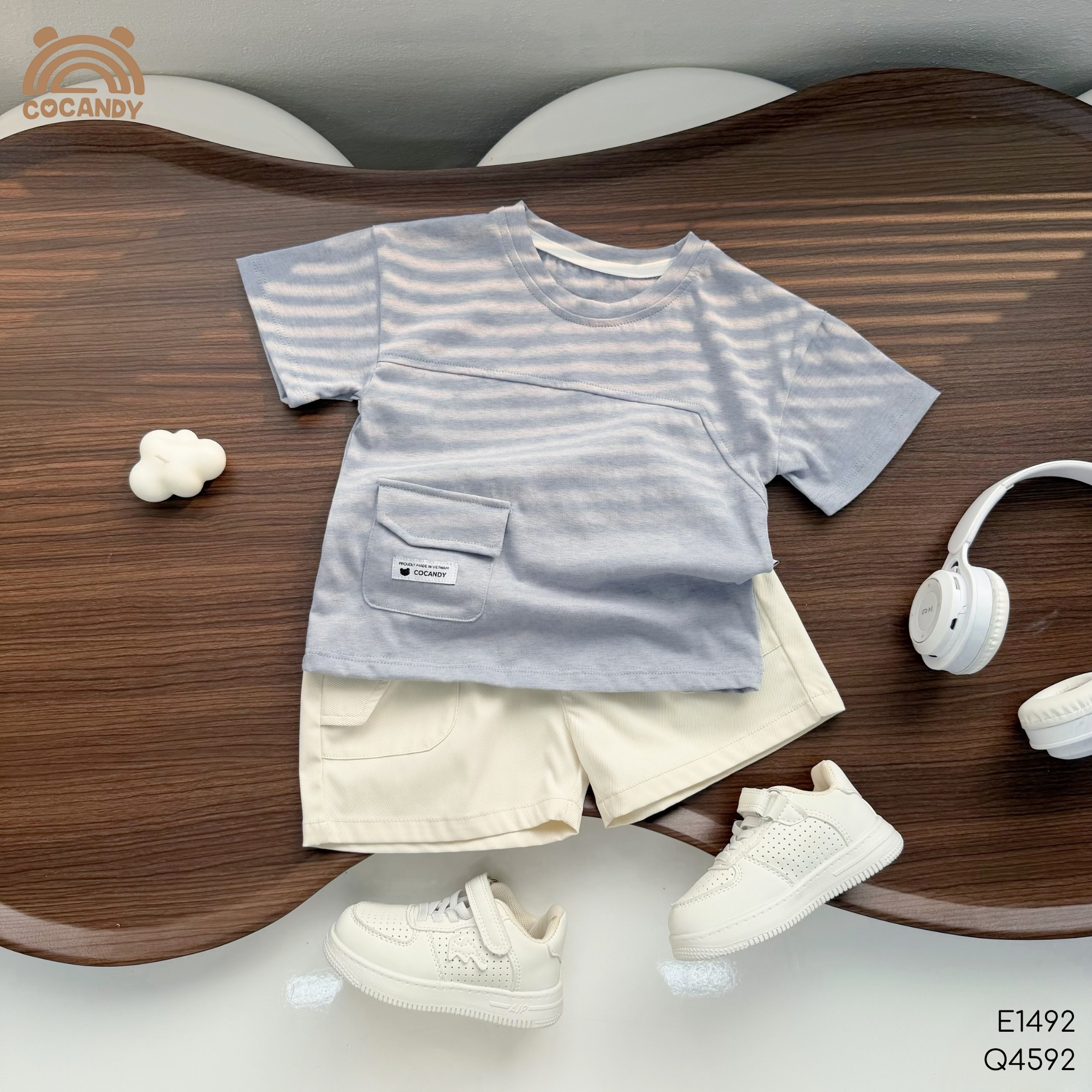 Áo cộc thun XANH GHI phối túi lệch CCD