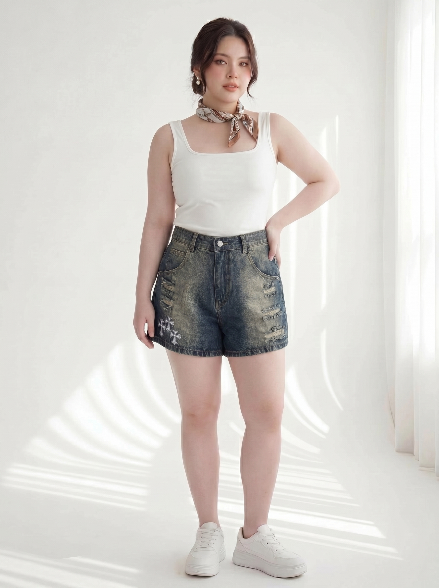Quần Short Jean Lưng Thun Thêu Chữ Thập Bigsize Gọn Đùi - Xanh Đậm/Xanh Bụi - Vừa 55-90kg - T-QSJ1318