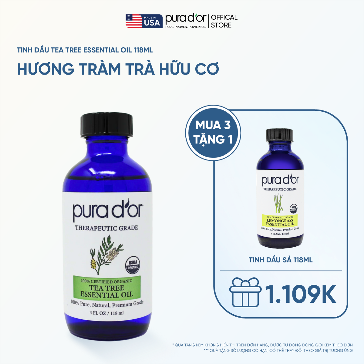 Tinh Dầu Tràm Trà Hữu Cơ Pura D'or Therapeutic Grade Tea Tree Essential Oil 118ml
