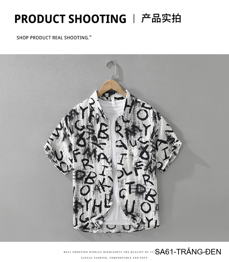 SA61 - Áo sơ mi nam tay ngắn in chữ nghệ thuật, form rộng, chất viscose mát mẻ, phối màu trắng đen_thumbnail_8