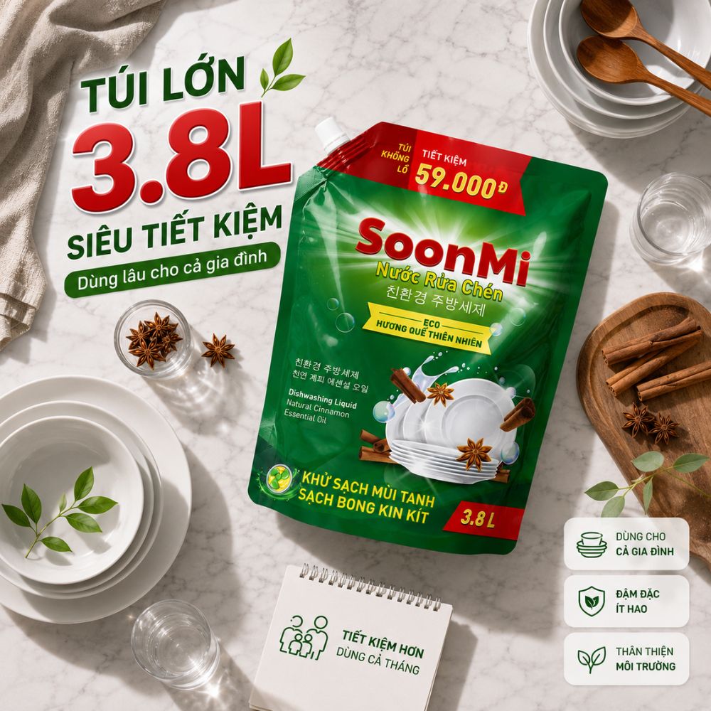 1 Thùng 3 túi nước rửa chén hương quế Soonmi 3.8L_thumbnail_5