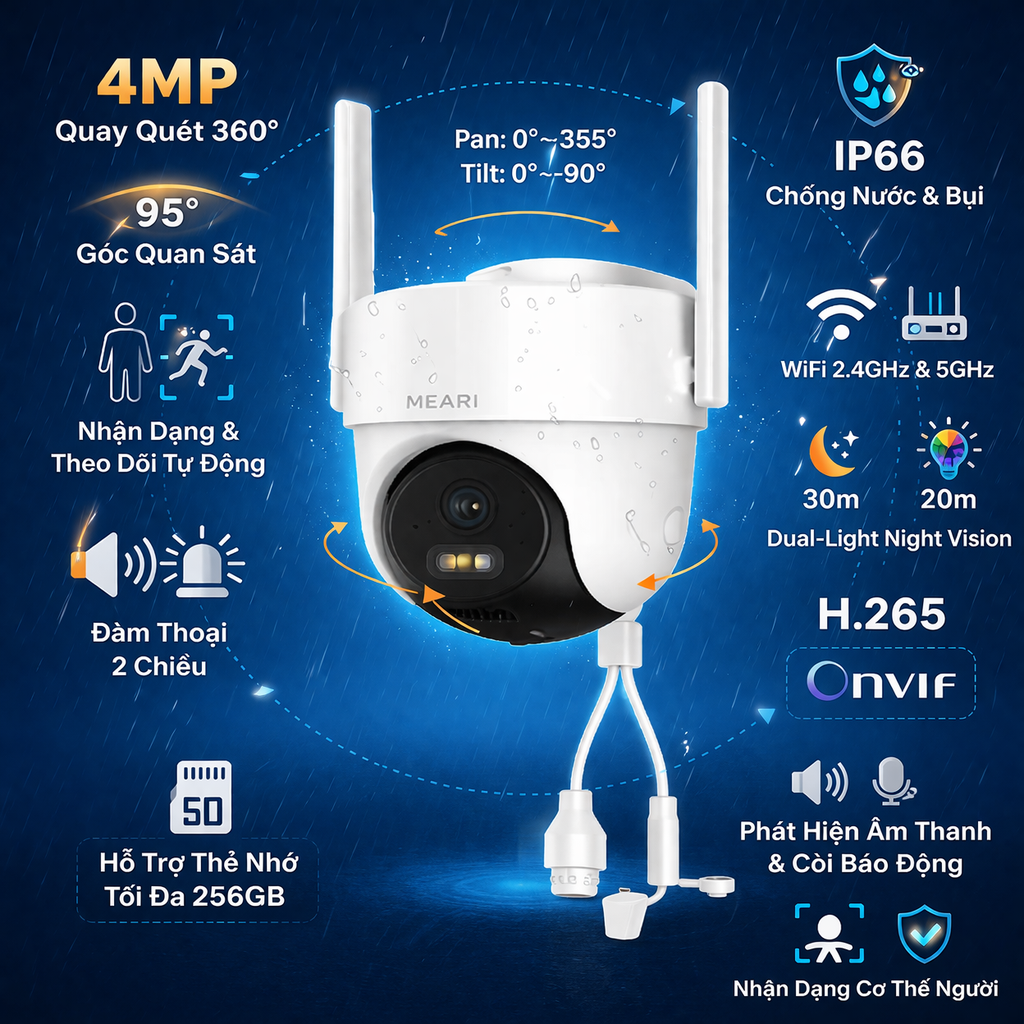 Camera wifi quay quét ngoài trời 4MP, hỗ trợ khe cắm thẻ nhớ tới 512GB
