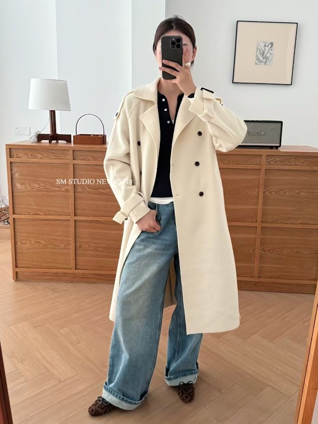 Áo khoác dạ sm cổ vest tay dài đai vai, đai tay dáng dài_thumbnail_4