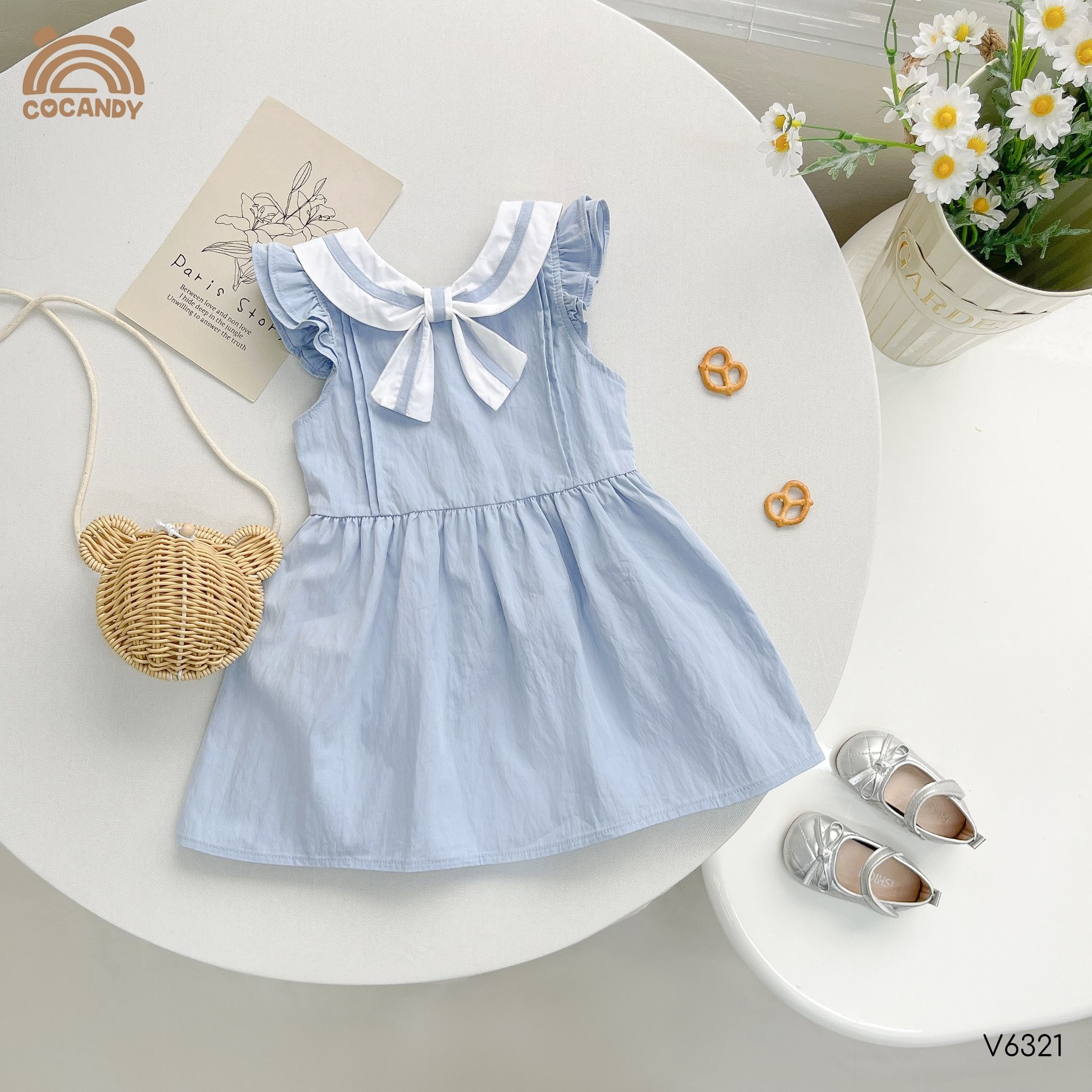 Váy cộc thô XANH DƯƠNG nơ ngực cổ kiểu