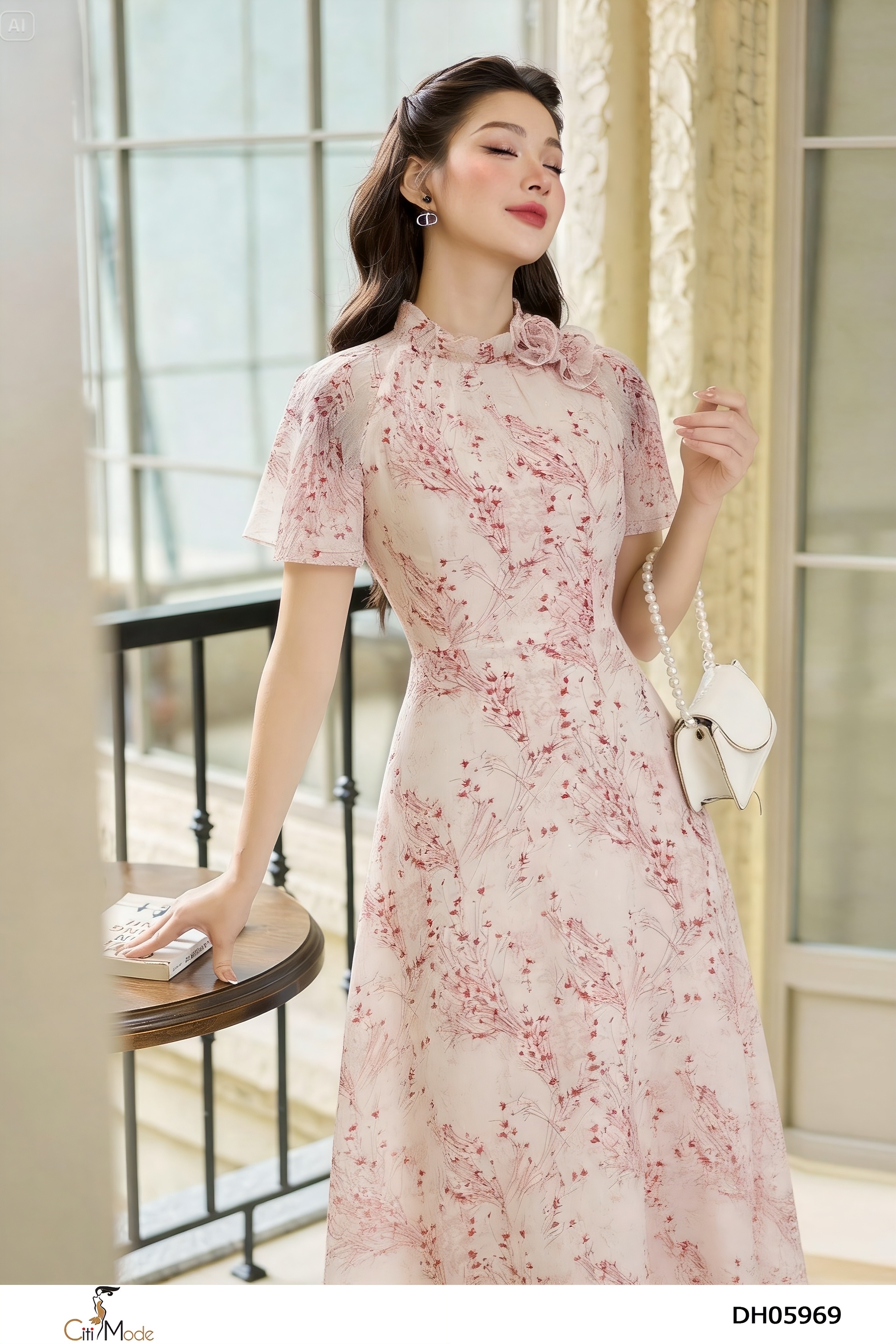 Đầm xòe hồng cổ nhún bèo đính hoa