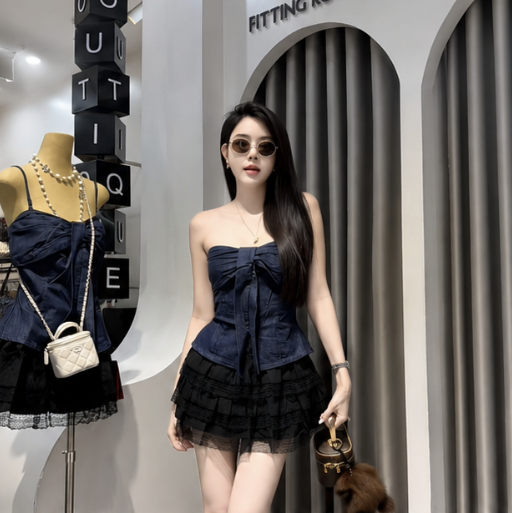 Chân Váy Ngắn Tầng Voan Ren + Áo 2 Dây Denim Nơ Ngực_thumbnail_2