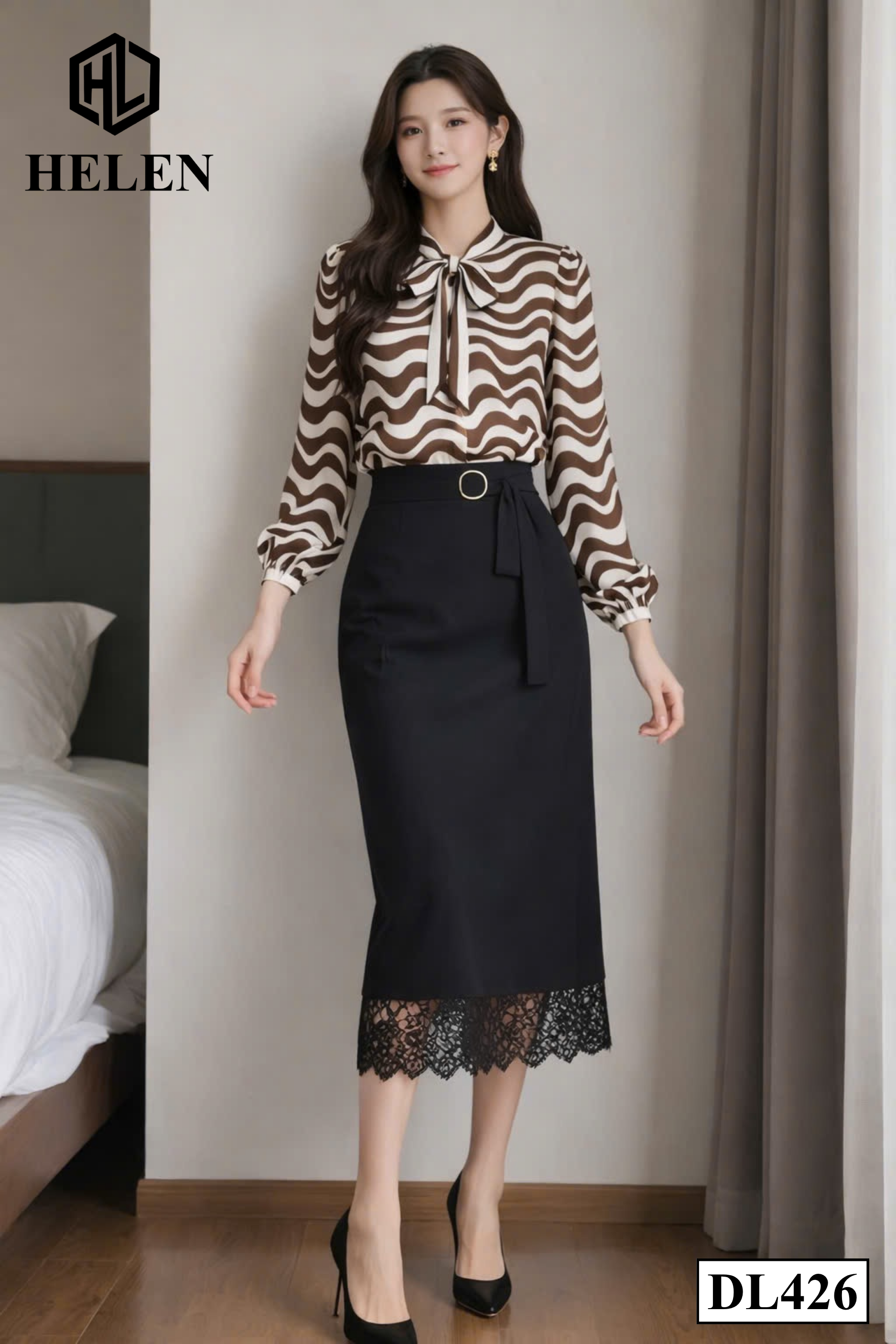 Đầm liền giả set kẻ nâu phối chân đen DL426_thumbnail_2