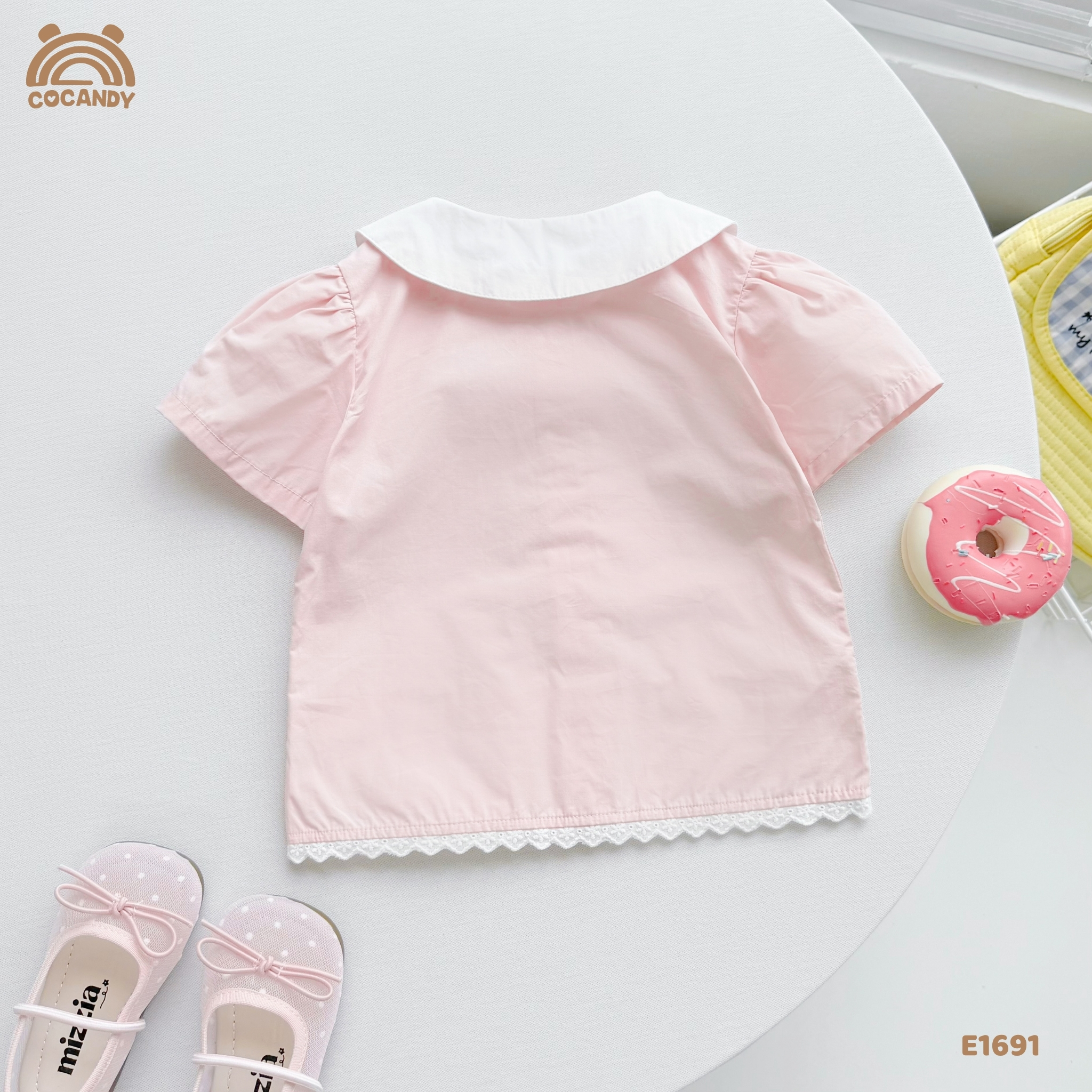 Áo cộc sơ mi thô HỒNG li dọc phối nơ_thumbnail_3