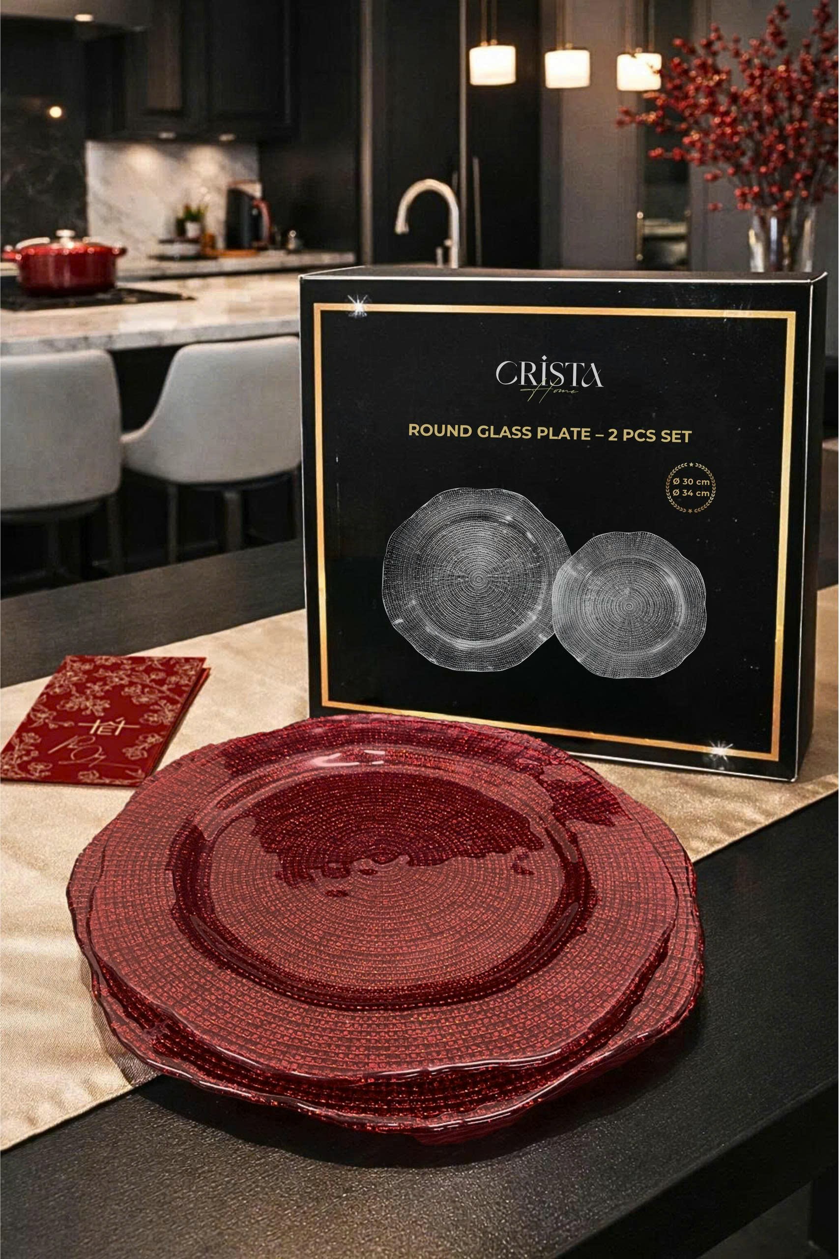 Bộ 2 đĩa thủy tinh CRISTA HOME Tròn hoa đào 34 + 30 cm, 60225_thumbnail_5