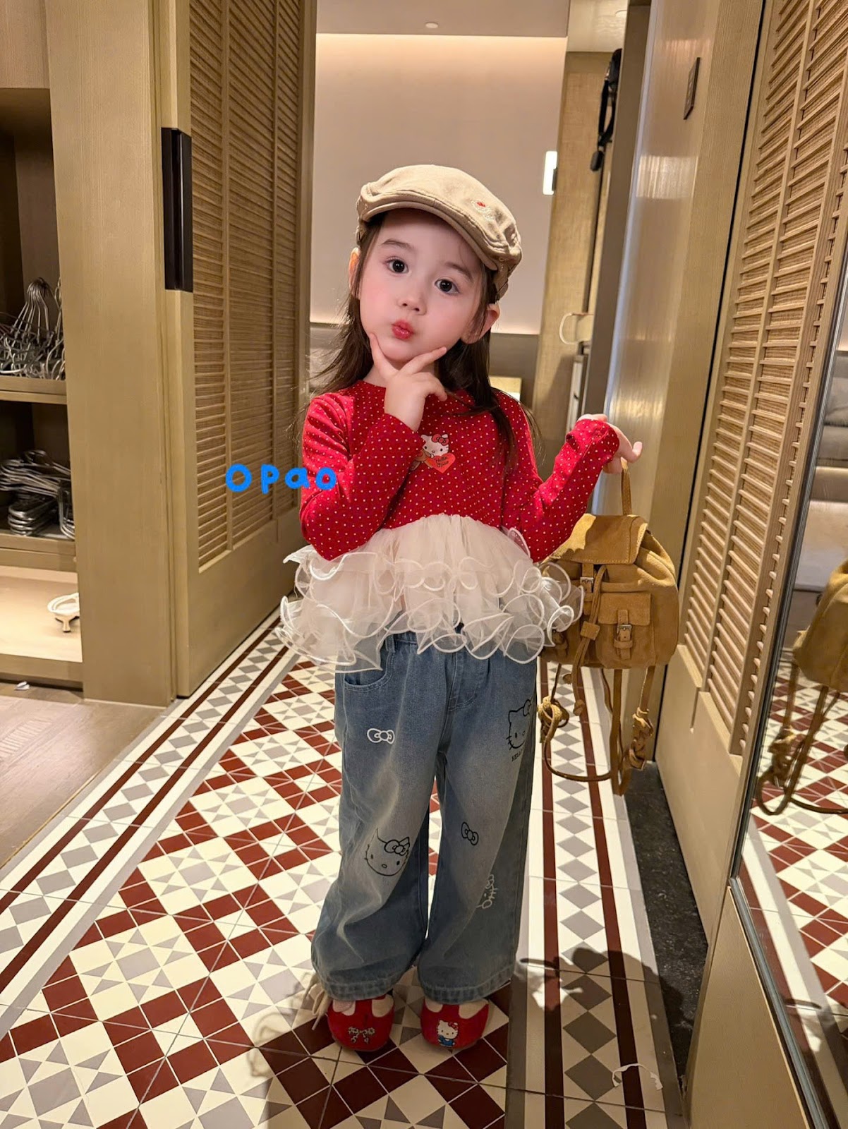 OP122 - Áo dài tay chấm bi phối bèo lưới màu đỏ hãng Opao 5982 (Sz90-130)