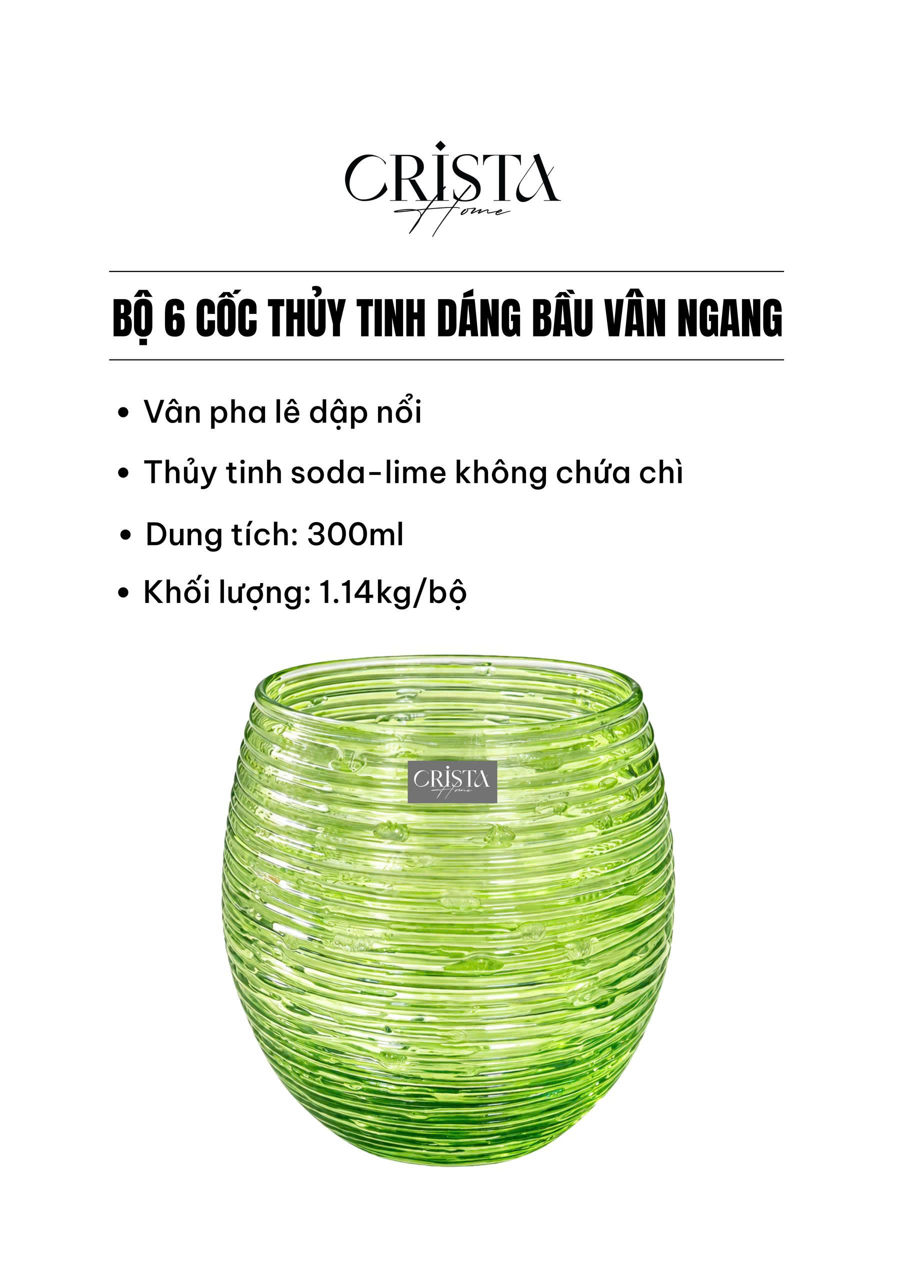 Set 6 cốc thủy tinh dáng bầu vân ngang 300ml Crista Home 60254_thumbnail_18