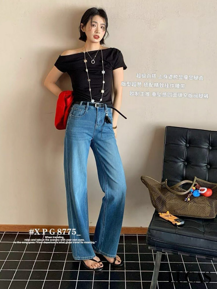 Quần Jeans ống suông đứng XPG 8775 + belt + túi charm nhỏ