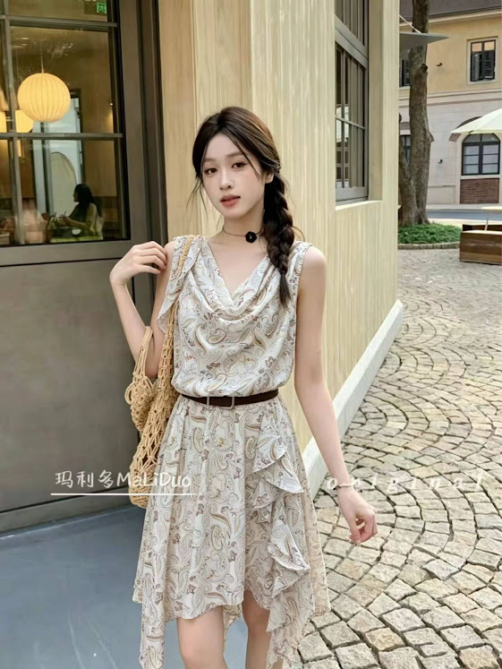 Lucas - Váy zile cổ đổ bèo 1 bên gấu xéo + belt da bản lớn vintage_thumbnail_4