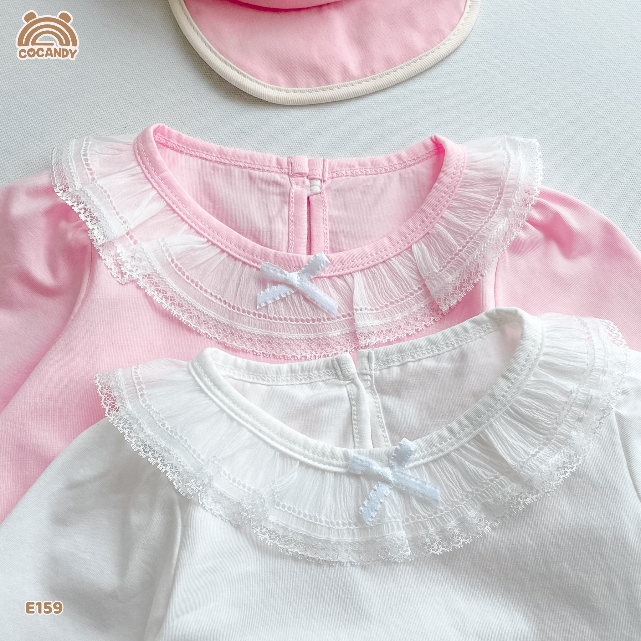 Áo cộc cotton HỒNG nhún bèo cổ phối nơ_thumbnail_3