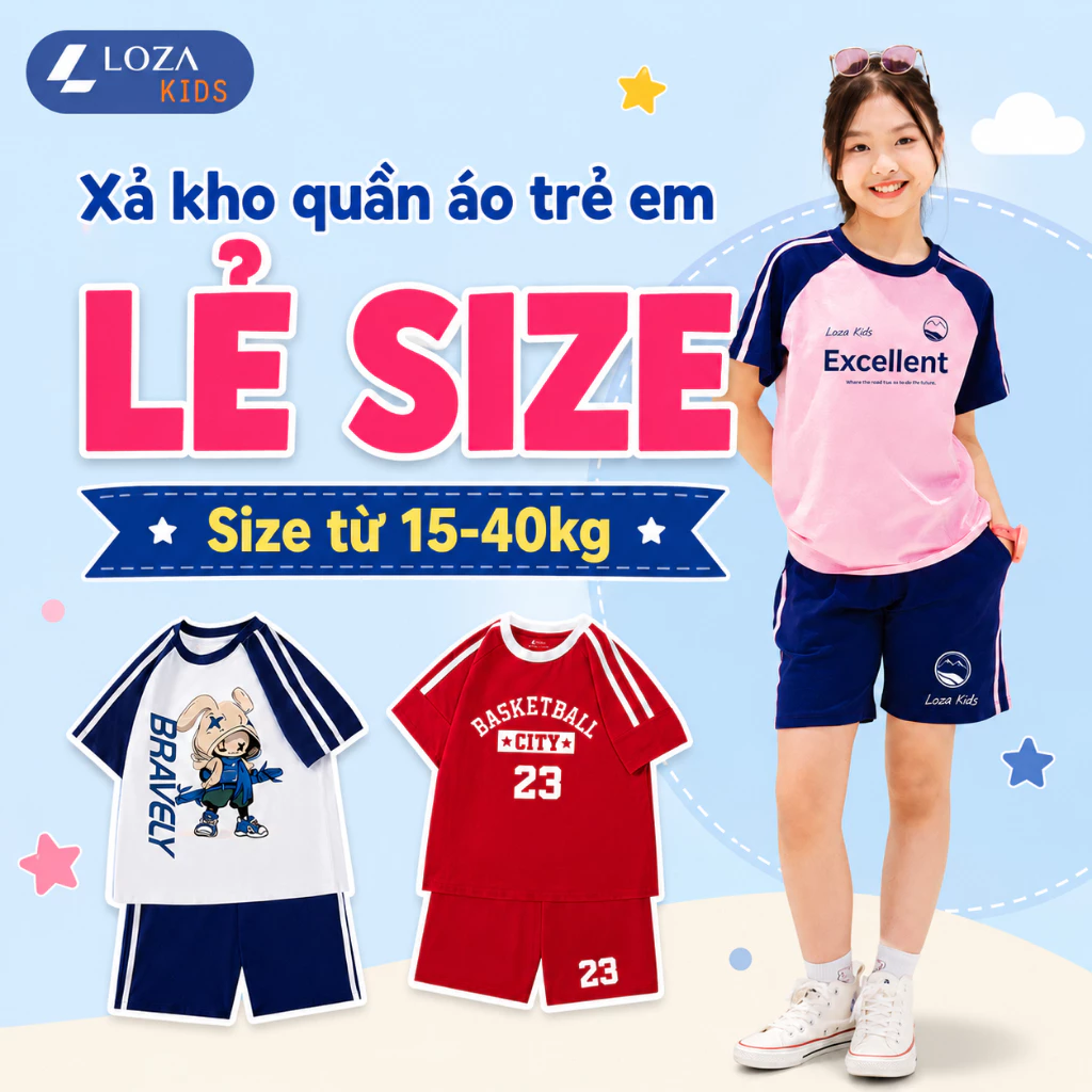[XẢ KHO] Set bộ thun phối bé trai, bé gái lẻ size size từ 15-40kg - Loza Kids XABF01 XABF01