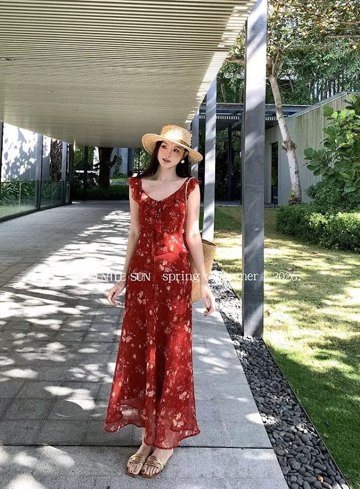 Lucas - Váy hoa voan cổ tim viền bèo nơ ngực GENTLE_thumbnail_2