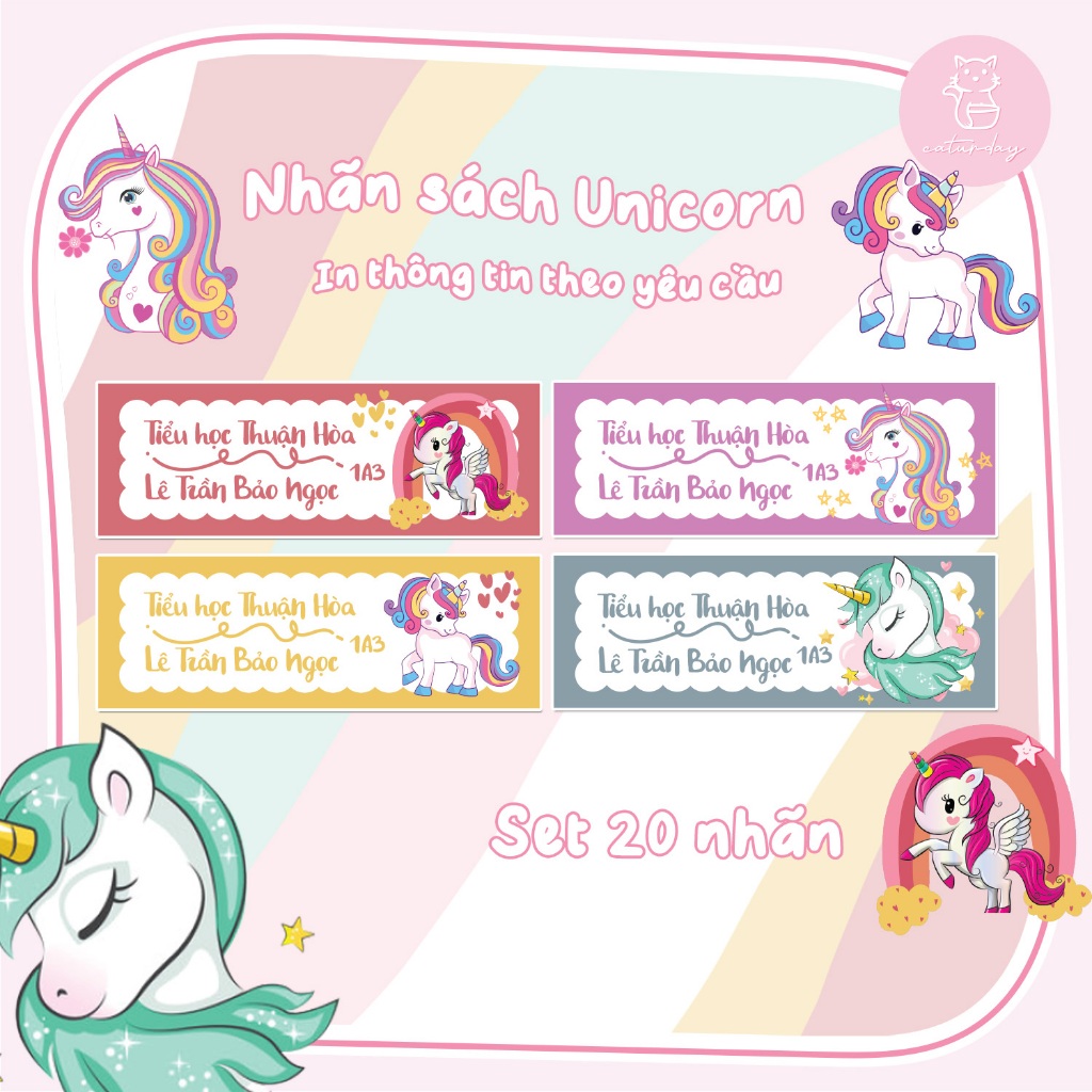 Set 20 nhãn Dán Sách/ Nhãn sách UNICORN - In thông tin trường. lớp. tên theo yêu cầu | Caturday