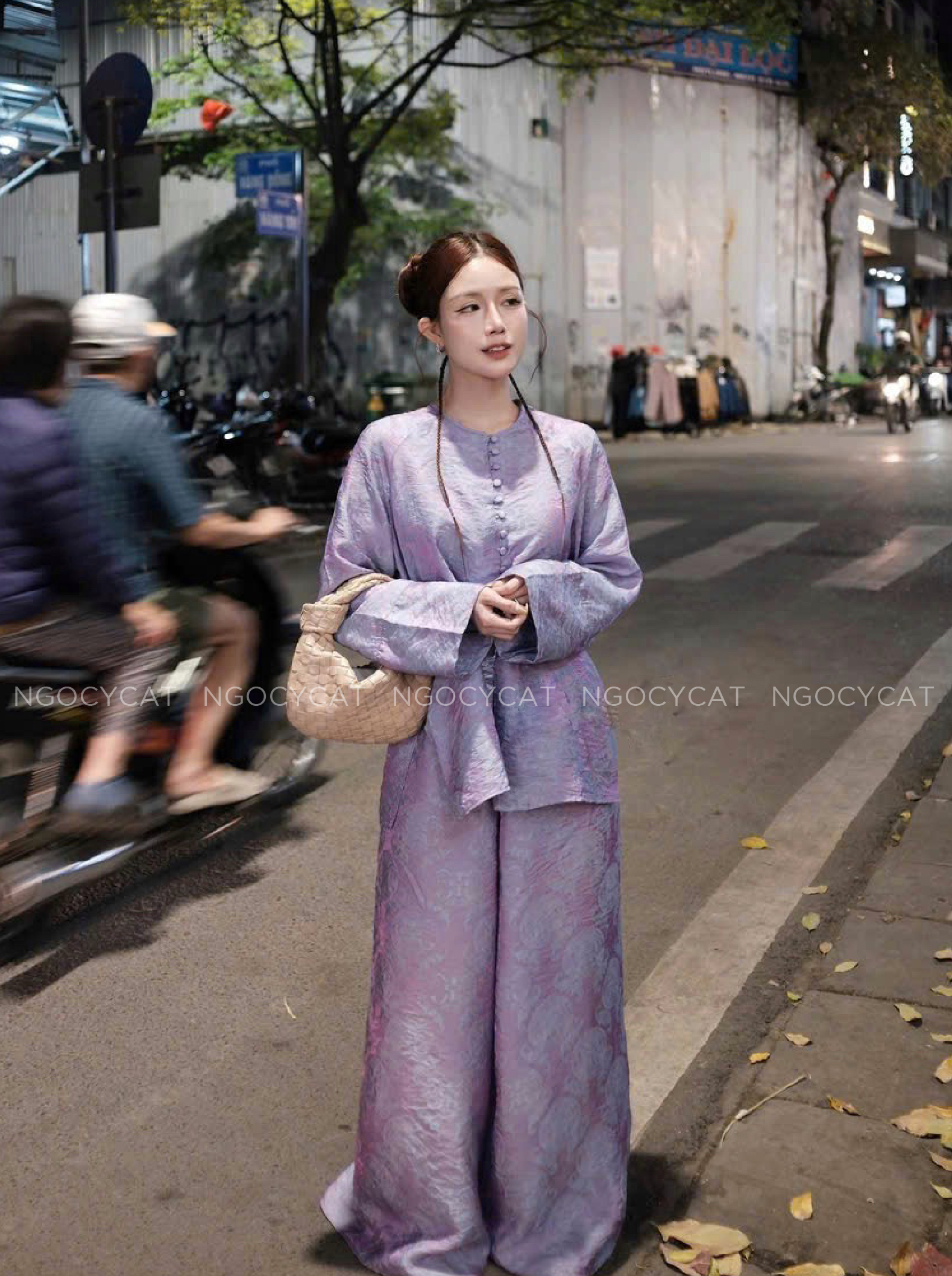 Áo Bà Ba Màu Tím Pastel Tơ Tằm Ánh Kim