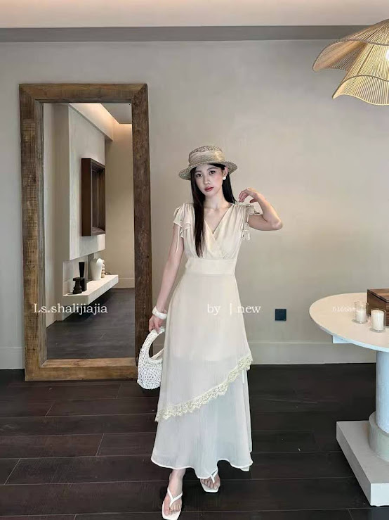 Lucas - Váy cổ tim đan tay bèo buộc nơ, chân váy xòe 2 lớp vạt ngoài viền ren chéo_thumbnail_2