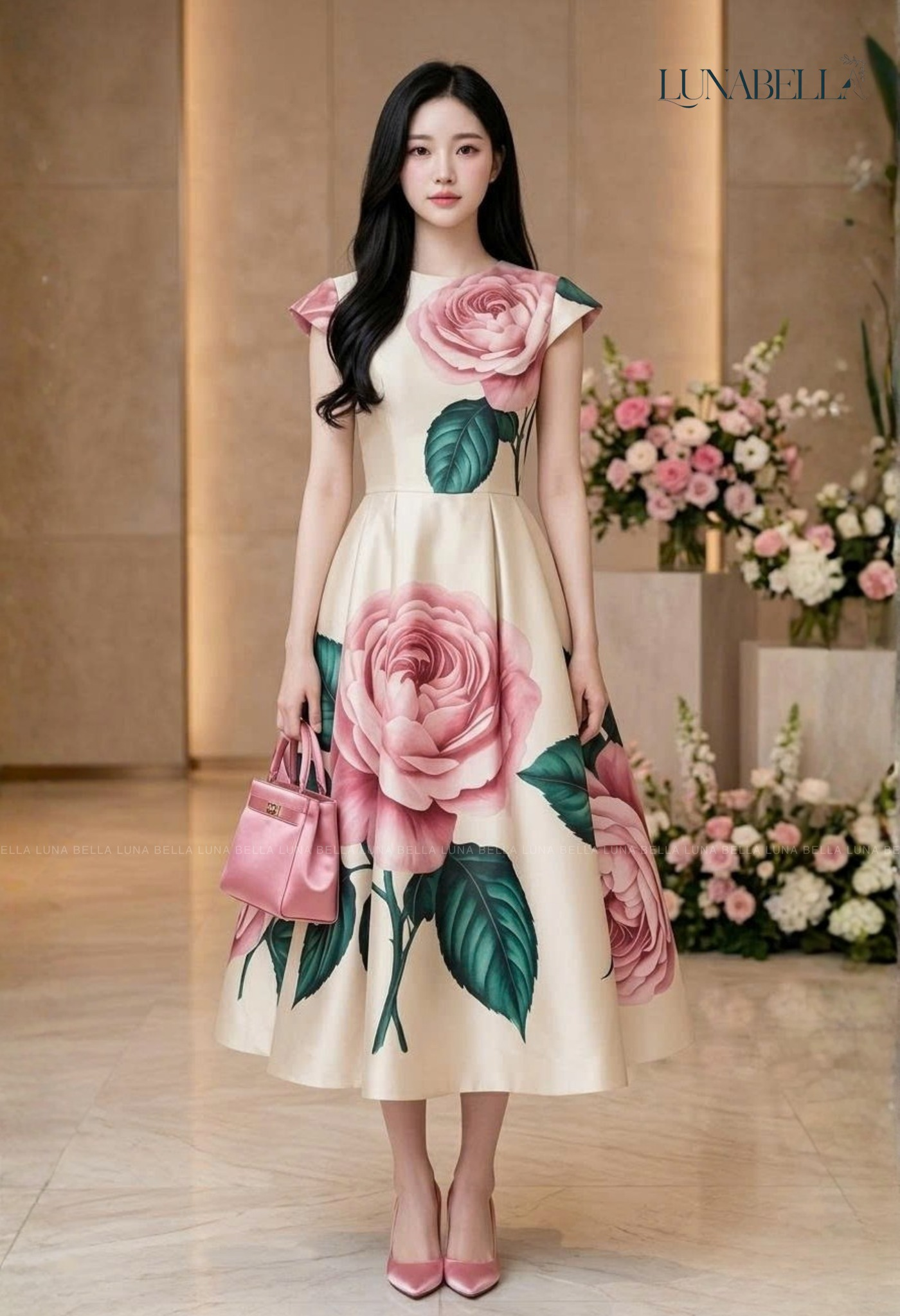 Váy liền dài tay hên in hoa hồng LUNORA màu HỒNG BE