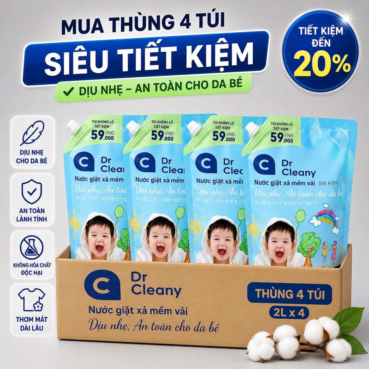 1 Thùng 4 Túi Nước Giặt Cho Bé Dr. Cleany 2kg Công Nghệ Hàn Quốc