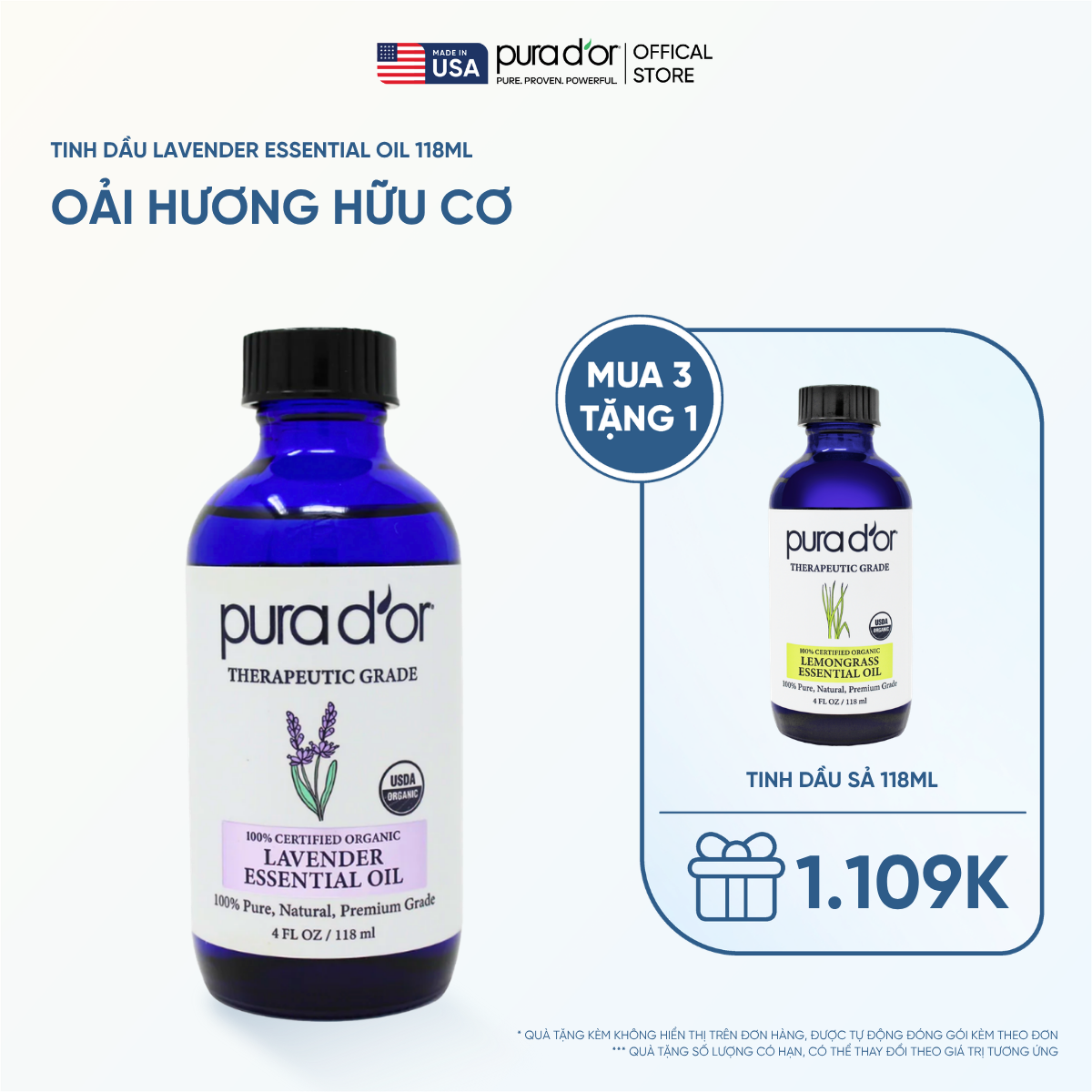Tinh Dầu Oải Hương Hữu Cơ Pura D'or Therapeutic Grade Lavender Essential Oil 118ml_thumbnail_0