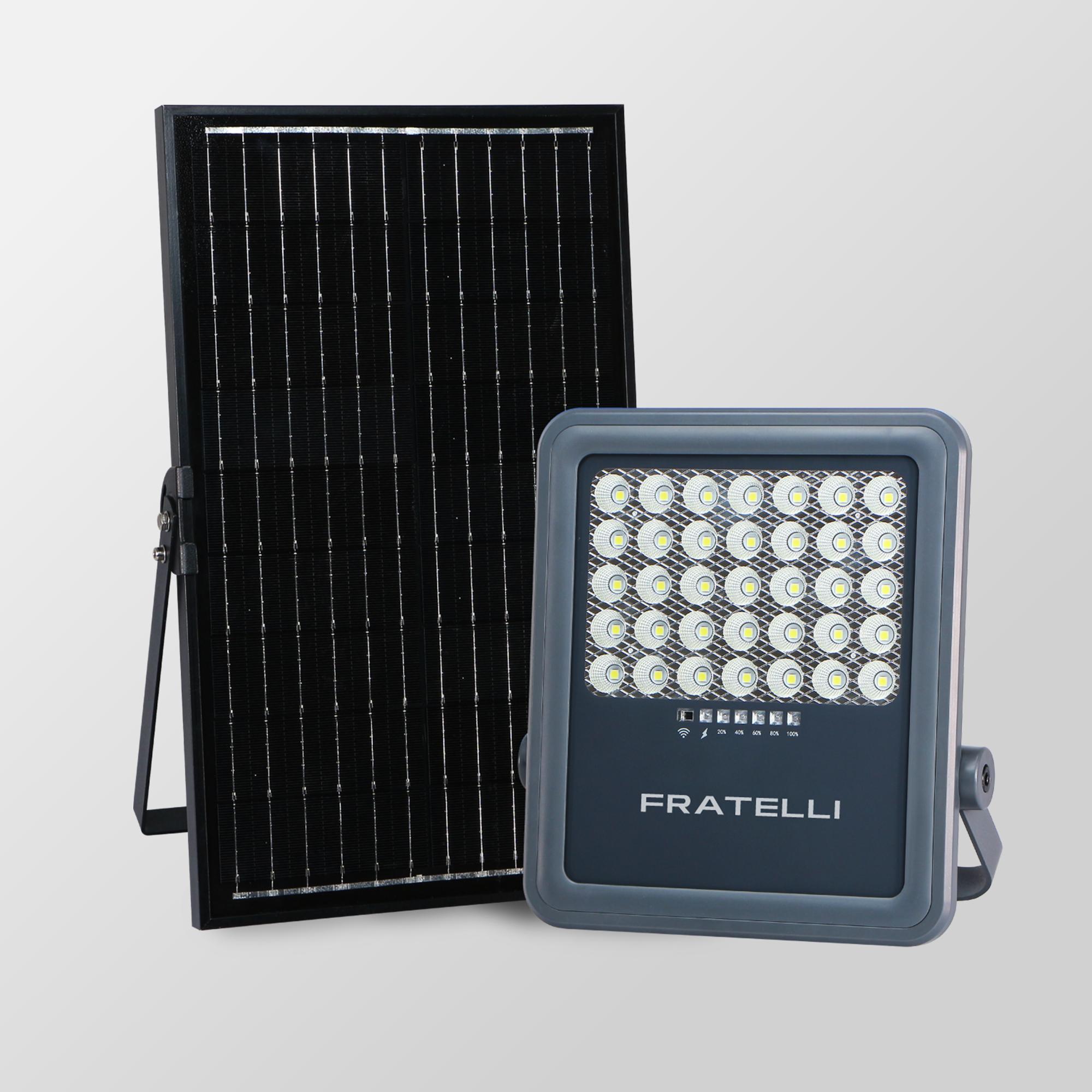 Đèn pha năng lượng mặt trời Fratelli FTK09H 200W IP66 siêu sáng pin LiFePO4 Solar chống nước điều khiển từ xa