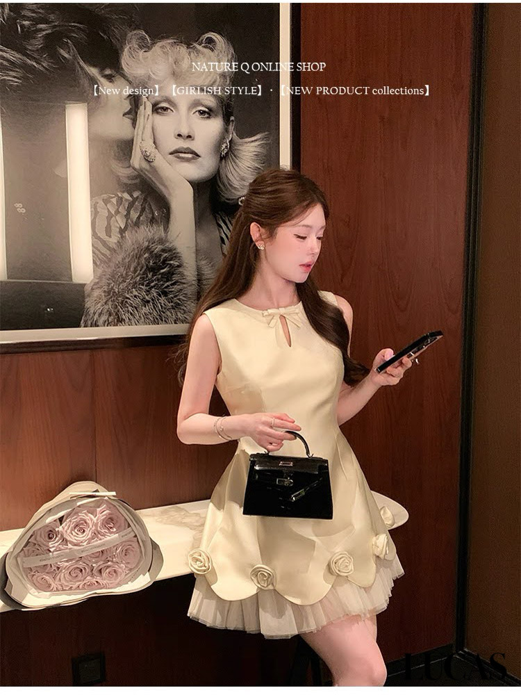 Váy zile khoét giọt lệ đính nơ gấu xòe A lót voan xếp + đính hoa nổi_thumbnail_2