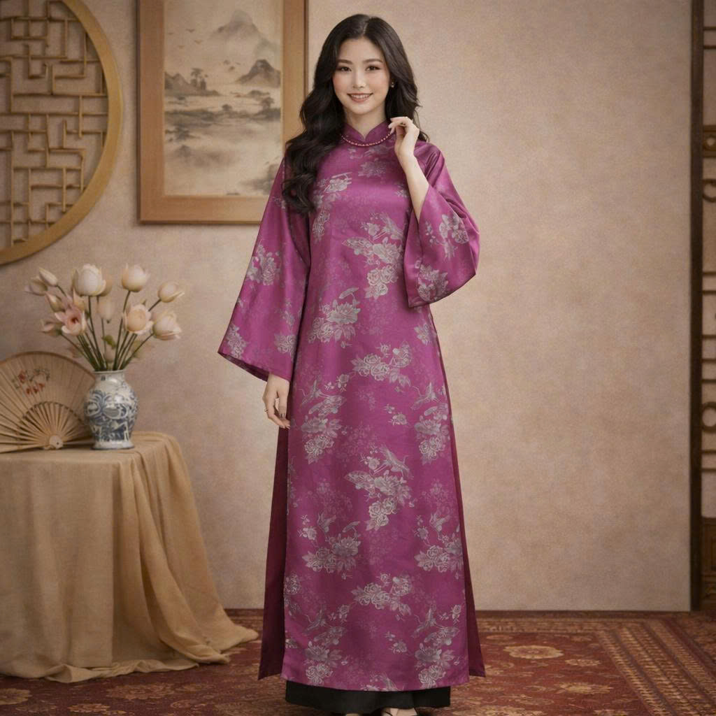 Áo Dài Cách Tân Nữ Dáng Suông - Gấm Tơ Họa Tiết- Trẻ Trung CT26-02_thumbnail_3